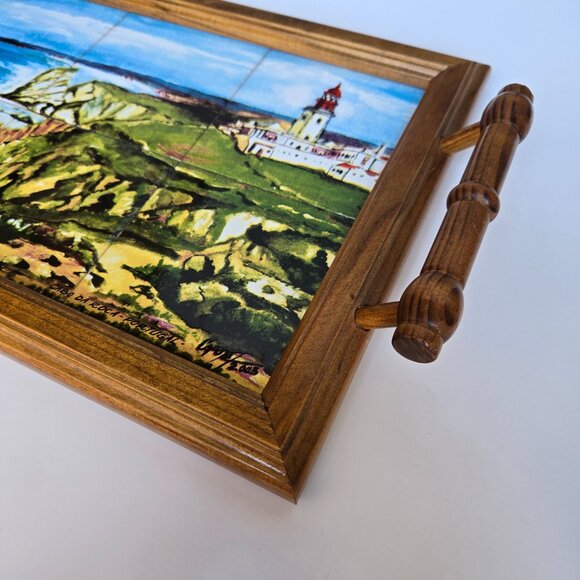 Vintage Portugal Tile Tray with Lighthouse Scene – Handled Wooden Serving Tray - Picture 5 of 9